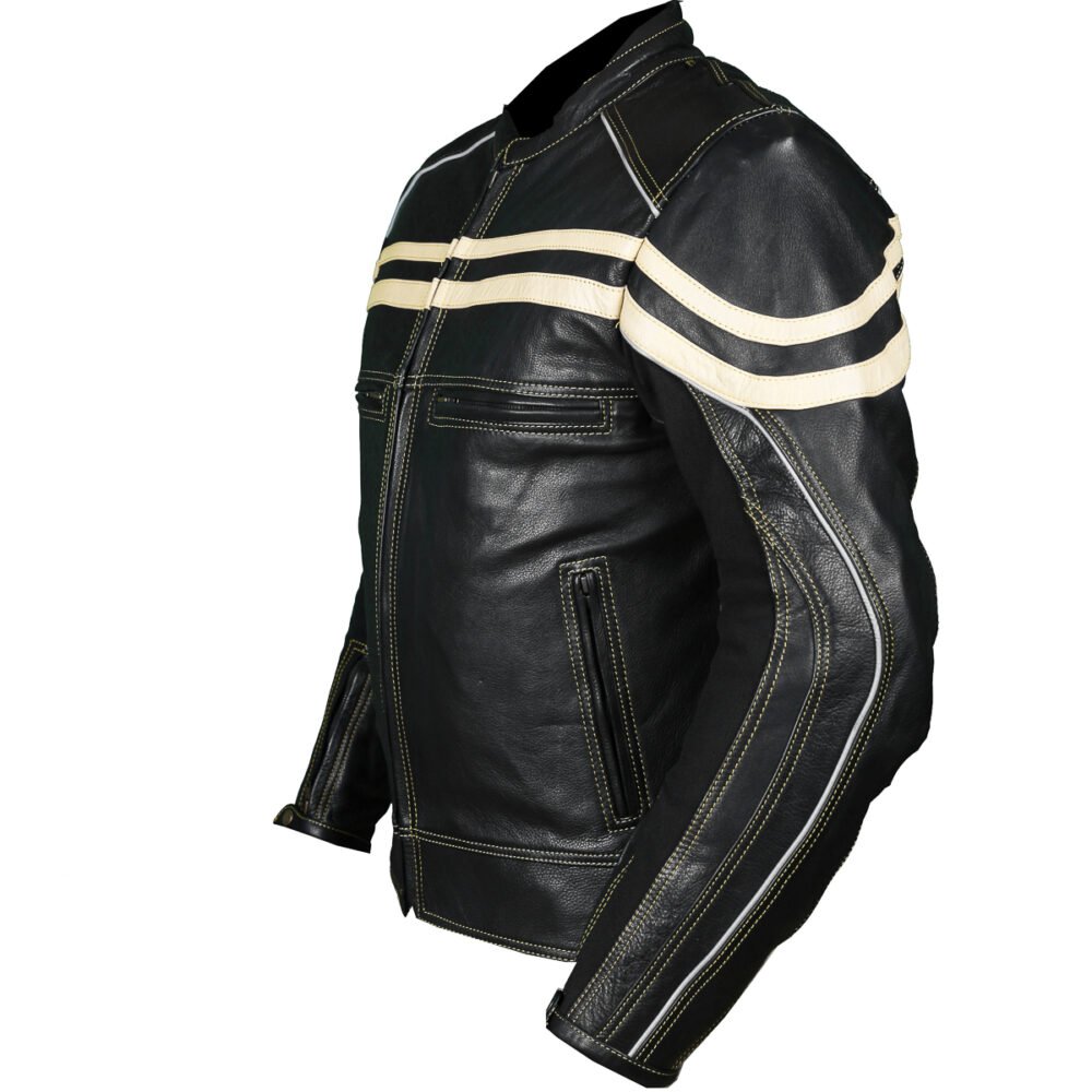 Track Motorcycle Leather Jacket Black/Beige - Image 2