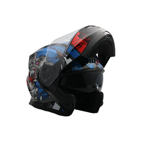 Modular Flip-Up Motorcycle Helmet- Wolf Black, Blue Shiny